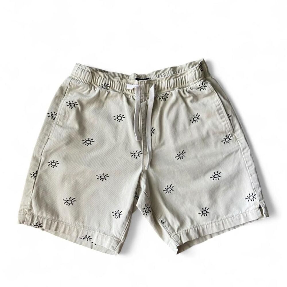 Forever-21 Men's Cream Shorts With Sun Embroidery
